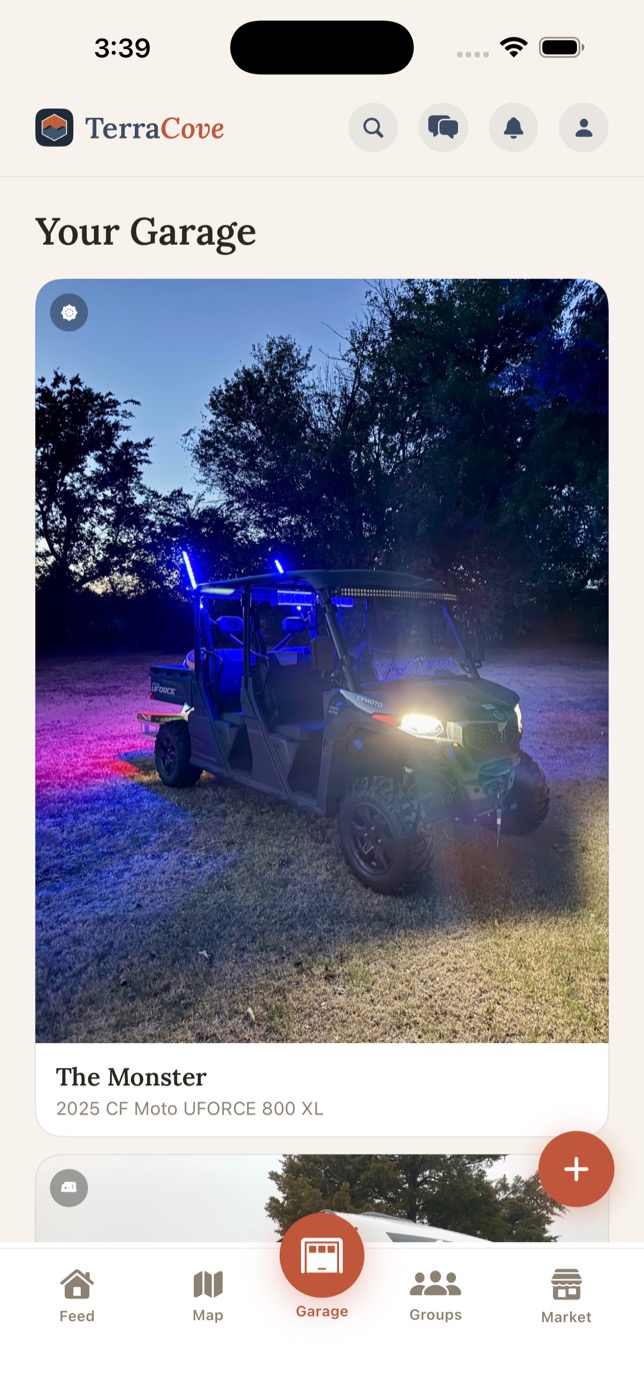 The Garage tab, showing an off-road UTV and a travel trailer, each with its own photo and nickname.