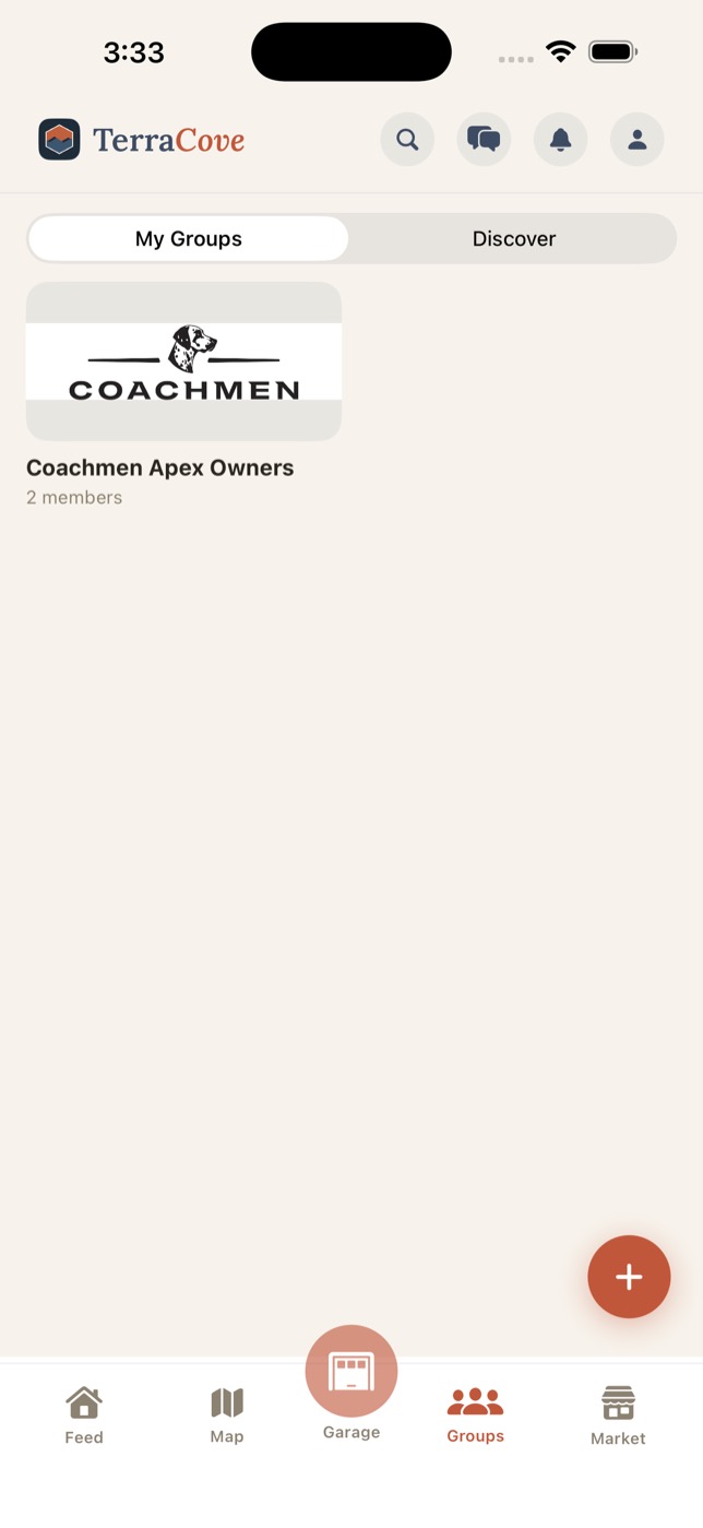 The Groups tab, showing a rider group with its own cover photo and member count.