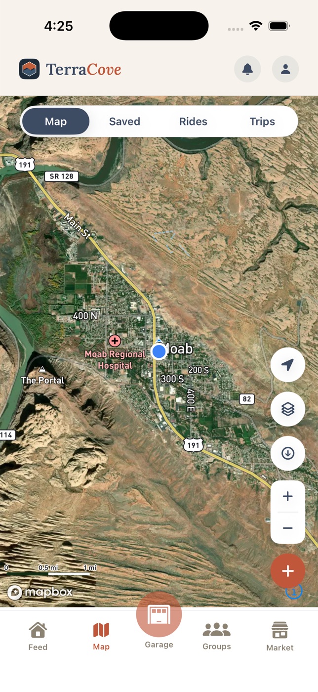 The Map tab showing satellite imagery of Moab, Utah, with map layer, offline download, and zoom controls.