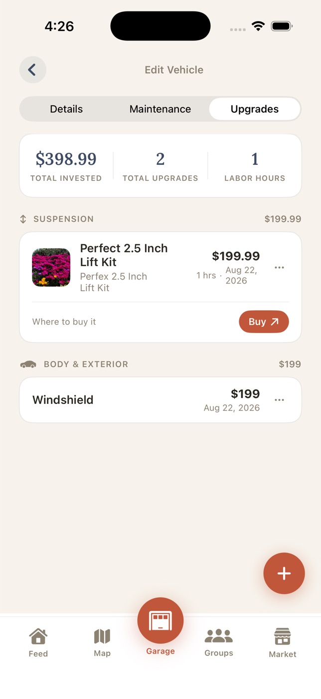 The Upgrades tab: a build summary above modifications grouped into Suspension and Body and Exterior, each with cost and a Buy link.
